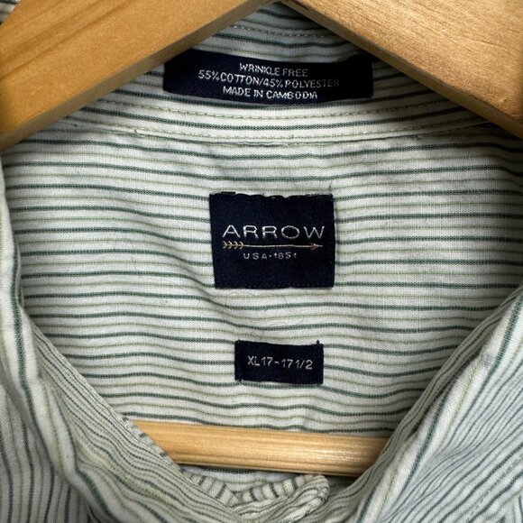 Arrow Men's Wrinkle-Free Dress Shirt XL 17 - 17 1/2 Green & White Striped Cotton - Picture 4 of 4